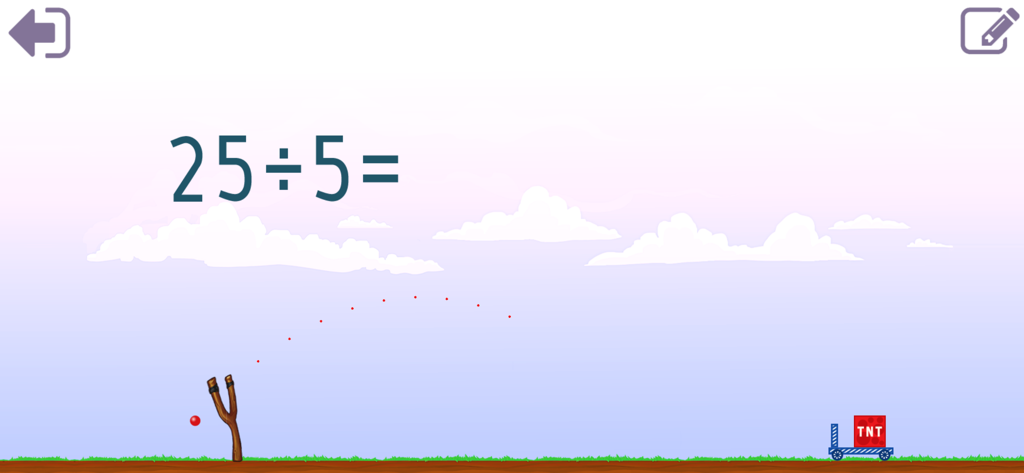 Math Shot Division - Math division problem 25 divided by 5 displayed in a slingshot game interface