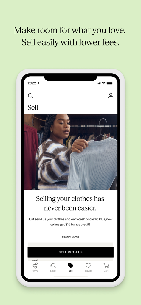 Interface de l'application mobile ThredUp pour vendre facilement des vêtements d'occasion