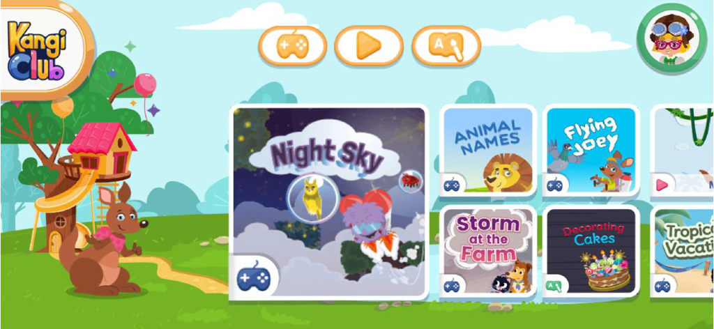 Kangi Club - English For Kids! - Pantalla del menú principal de la aplicación Kangi Club que muestra varias fichas de juegos educativos en inglés para niños