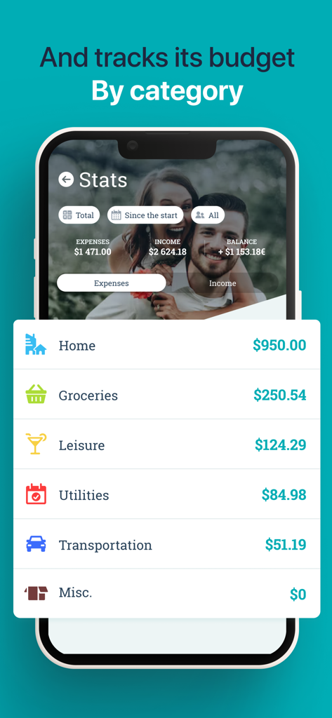 Sesterce – Split expenses - Sesterce app screenshot showing shared expenses tracked by category including home groceries and leisure