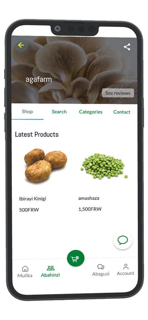 Murika - Interfaccia dell'app mobile Murika che mostra il profilo di un'azienda agricola con prodotti locali come patate e piselli per l'acquisto diretto