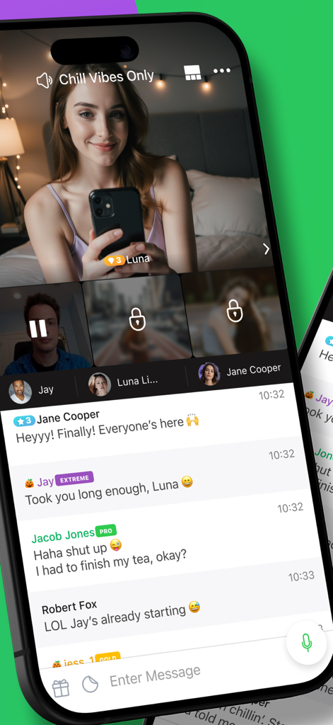 Camfrog: Live Cam Video Chat - Oberfläche der Camfrog-App, die einen Live-Video-Chatraum mit mehreren Teilnehmern und einem Textnachrichten-Feed zeigt.