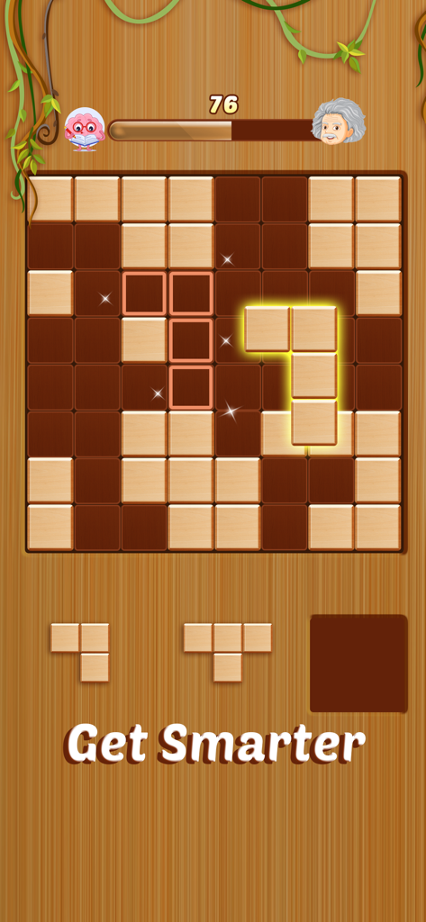Wood Blast - Wood Block Puzzle - A wooden block puzzle game screen featuring a grid with light and dark wood pieces and a Get Smarter slogan.