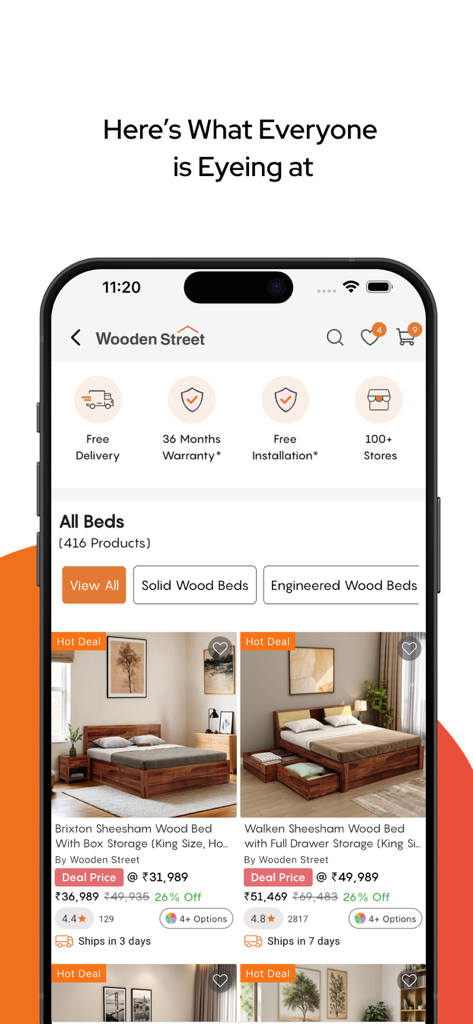Wooden Street mobile app interface showcasing solid sheesham wood beds with prices and discount offers
