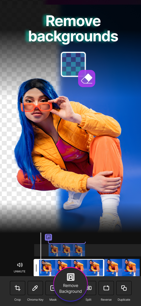 A mobile video editor screen demonstrating the background removal tool on a portrait of a woman