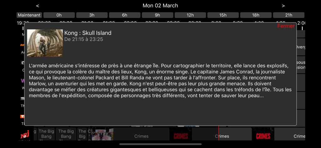 Oberfläche der Guide TV pour Freebox v6 App im Querformat, die detaillierte Informationen zum Film Kong Skull Island anzeigt.