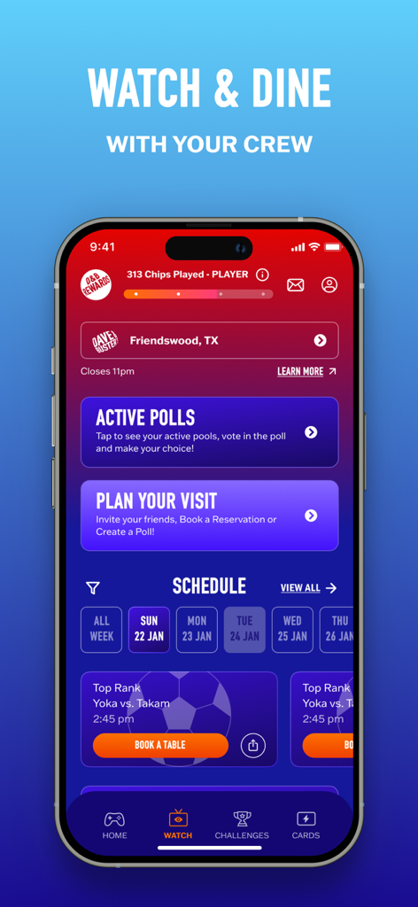 D&B Rewards - D&B Rewards App-Oberfläche, die den Watch and Dine-Bereich mit einem Zeitplan für Sportereignisse und einer Option zur Tischreservierung anzeigt.