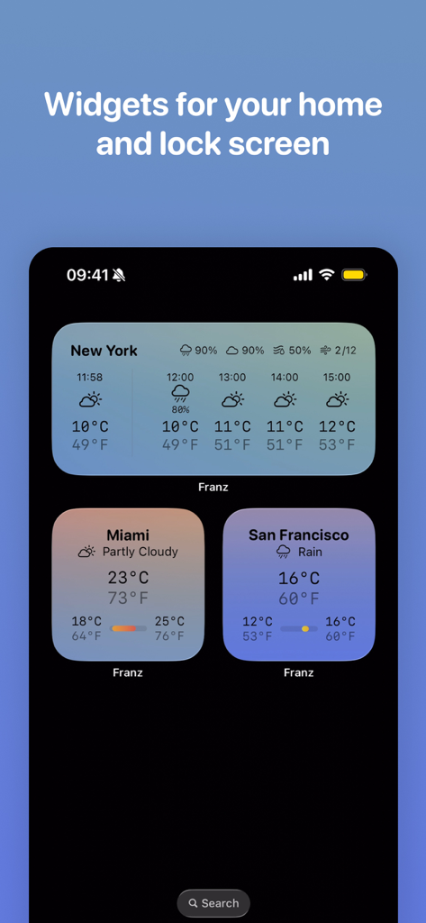 Franz Fahrenheit (& Celsius) - iPhone home screen showing weather widgets for New York, Miami, and San Francisco with temperatures in both Celsius and Fahrenheit.