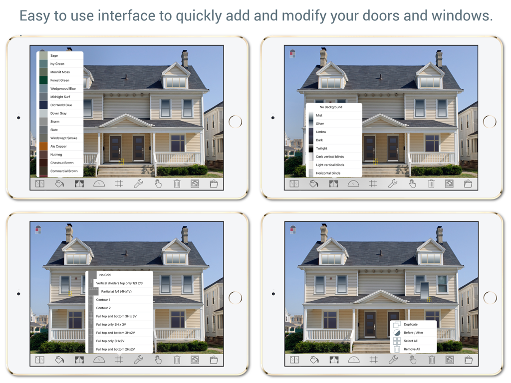 Façade Studio - Four iPad screens showing the Facade Studio app interface with menus for home exterior colors windows and backgrounds