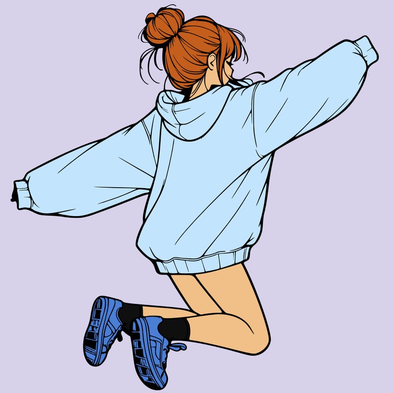 realistic girl jumping with a bun and oversized sweatshirt