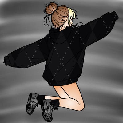 realistic girl jumping with a bun and oversized sweatshirt