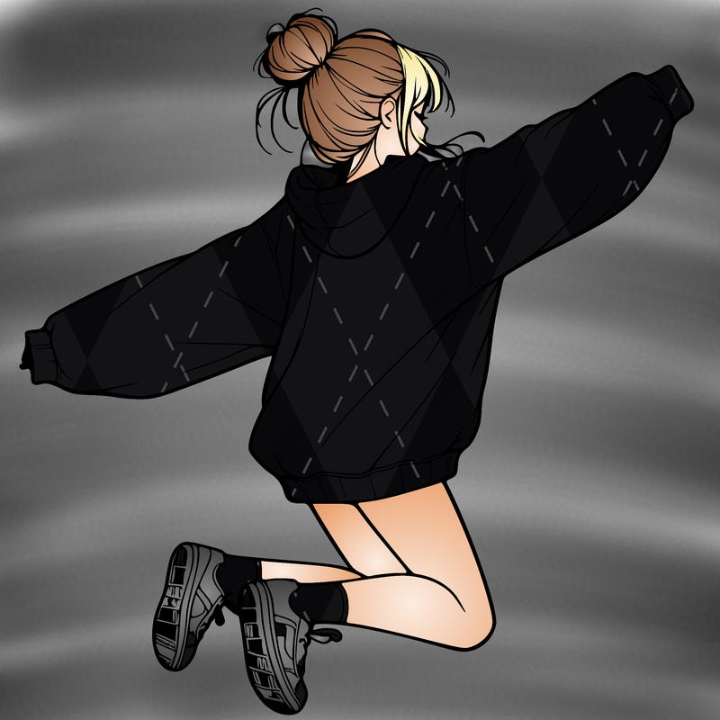 realistic girl jumping with a bun and oversized sweatshirt