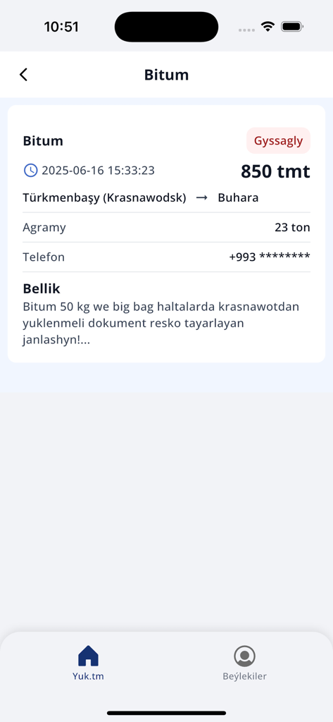 YUK.TM - YUK.TM mobile app screen showing cargo shipment details for bitumen including route weight and price
