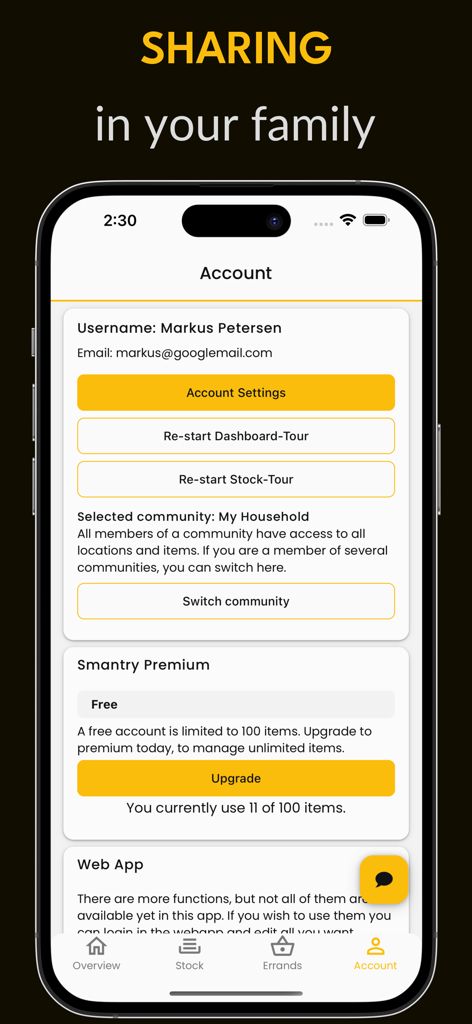 Smantry: Smart pantry - Account settings for family sharing in the Smantry pantry management app.