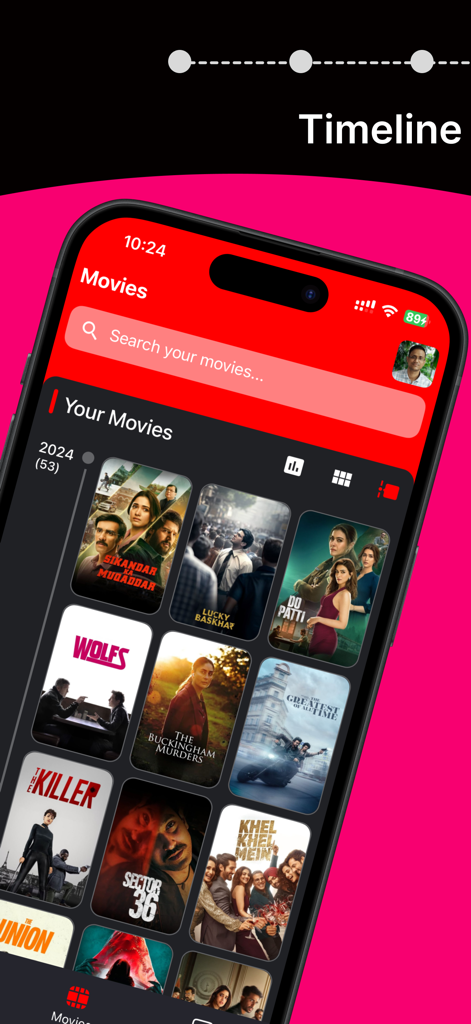 Binge Me - Binge Me app interface showing a timeline of watched movies in a grid layout on an iPhone