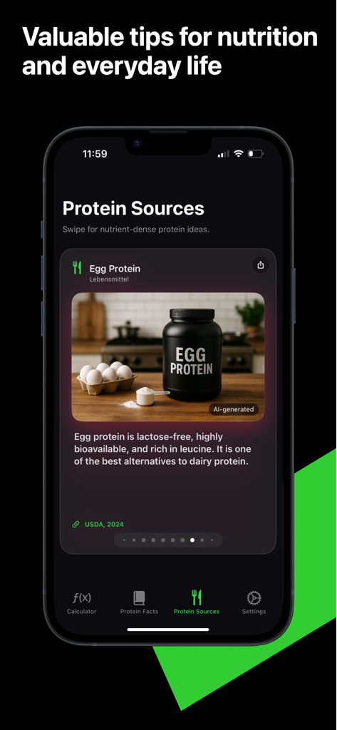 Protein Calculator – Guide - A smartphone screen from the Protein Calculator app showing a protein sources guide with details on egg protein benefits.