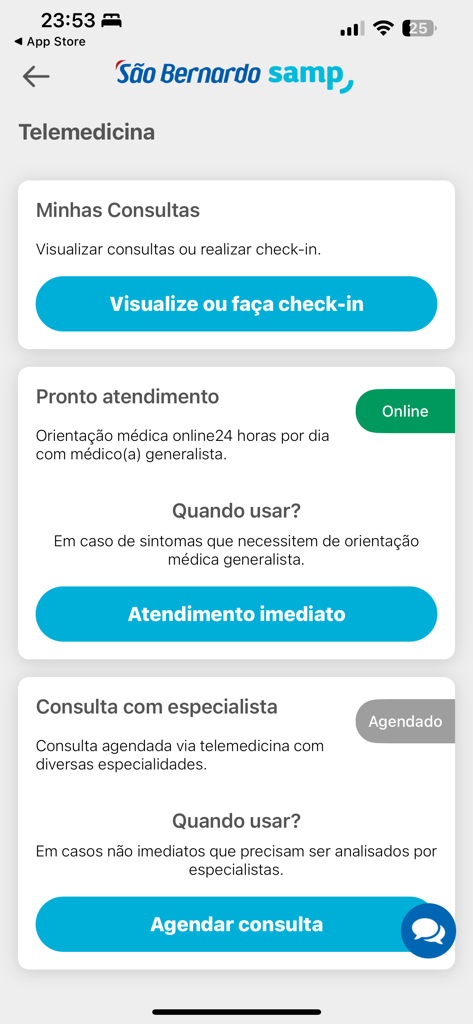 São Bernardo Samp - Telemedicine screen of the Sao Bernardo Samp app in Portuguese showing options for urgent care and specialist appointments