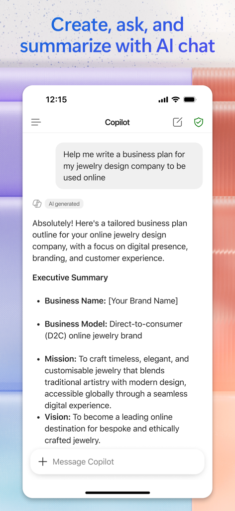 Microsoft 365 Copilot app showing an AI-generated business plan for a jewelry design company in a chat interface