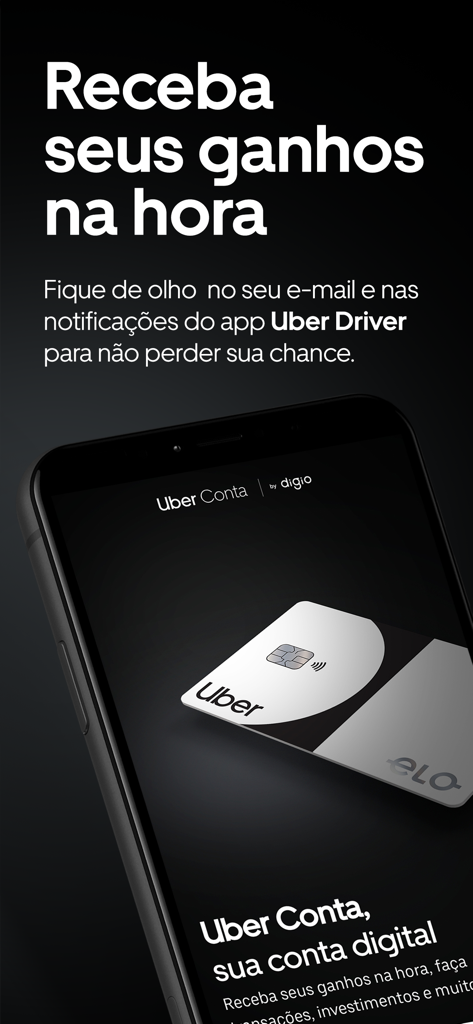 Interfaccia dell'app Uber Conta che mostra una carta di pagamento digitale e testo promozionale per guadagni istantanei