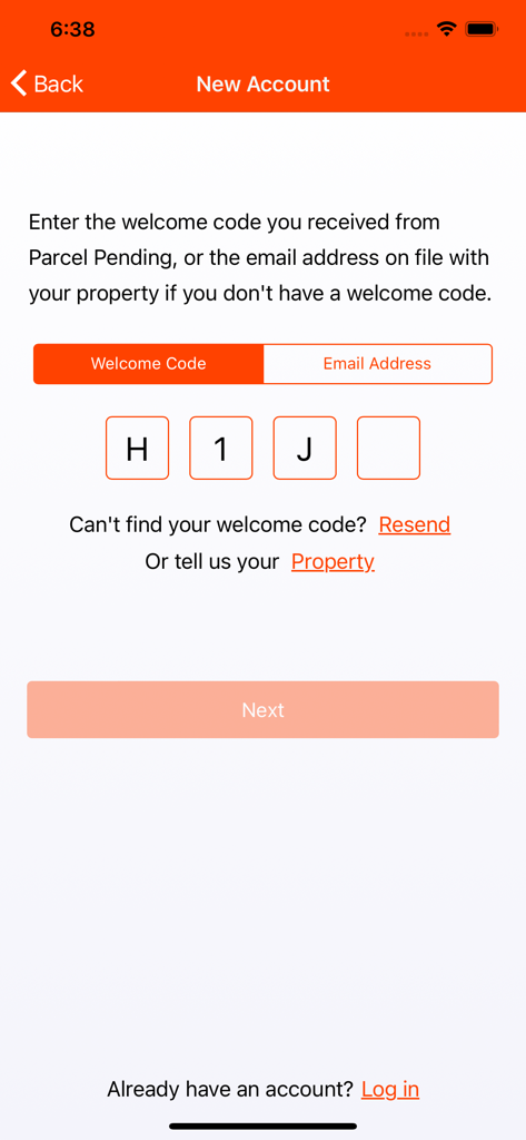 Parcel Pending Mobile registration screen for entering a welcome code to create a new account.