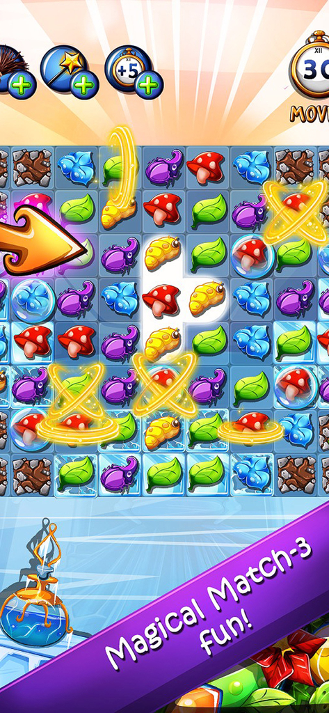 Witchy World - Witchy World match-3 puzzle gameplay showing colorful magical ingredients like mushrooms and beetles