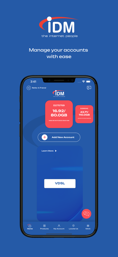 Interfaz de la aplicación móvil IDM Lebanon que muestra la gestión de cuentas de internet y el seguimiento del uso de datos