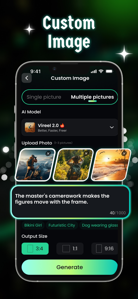 Vireel - AI Creative Studio - 複数の写真アップロードとテキストプロンプトボックスを備えたカスタム画像生成機能を示すVireelのモバイルアプリインターフェース。