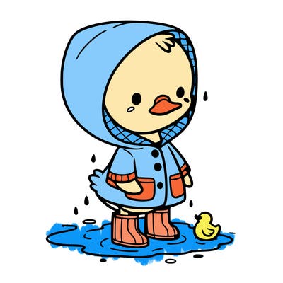 baby duck in a rain coat and boots, in a puddle while it’s raining