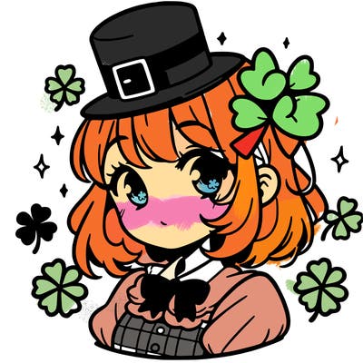a manga-style girl with clovers around her, a little hat in her hair, like it's saint patrick's day
