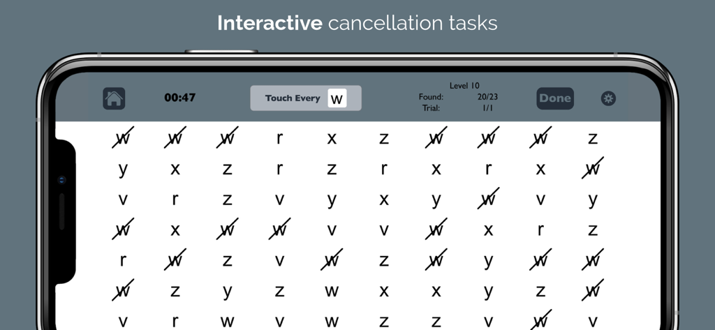 An interactive letter cancellation exercise in the Visual Attention Therapy app for stroke rehabilitation
