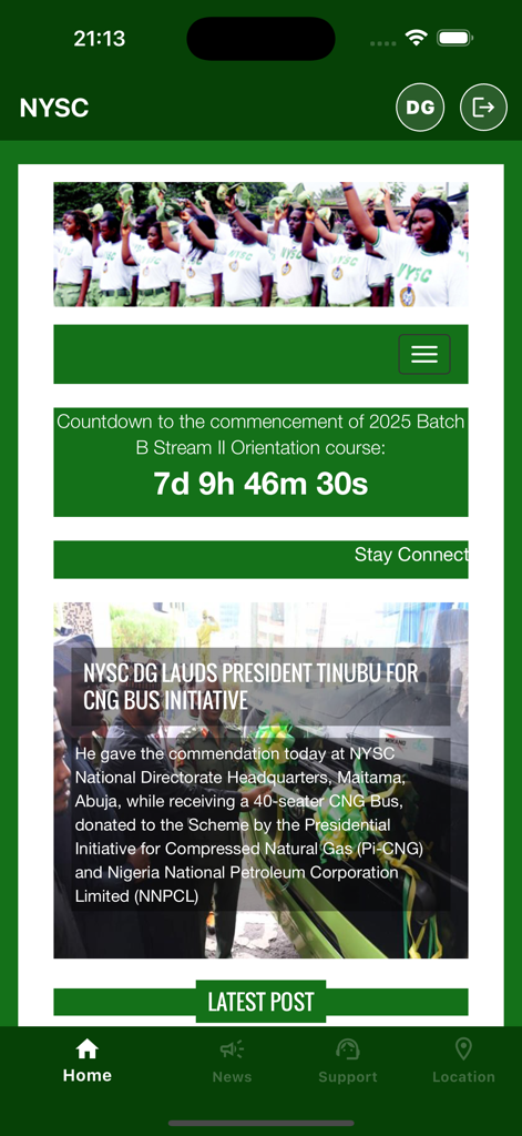 NYSC Official - The home screen of the NYSC Official app displaying a countdown to the next orientation and recent news updates