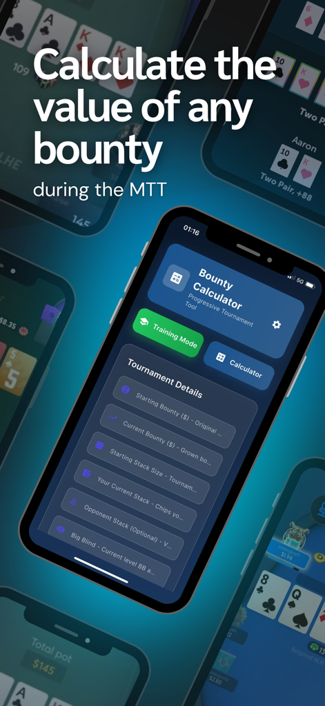 Écran de smartphone montrant l'interface de la Calculatrice de Bounty pour les tournois de poker avec des champs pour le bounty et la taille du stack.