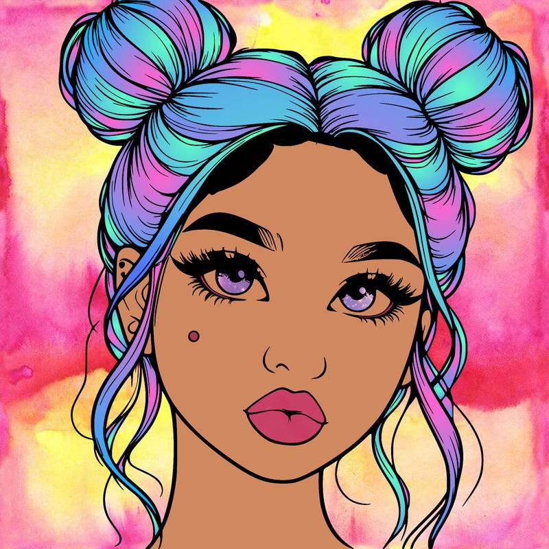 realistic girl with two buns on her hair and lips