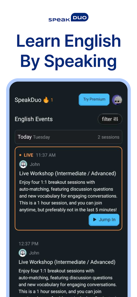 SpeakDuo - SpeakDuo app interface showing a scheduled live English workshop for intermediate and advanced learners with a jump in button.