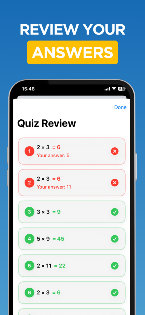 Multiplication, times tables - Multiplication quiz review screen showing correct and incorrect answers with results