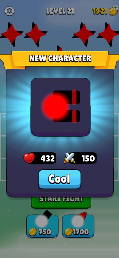 A pop-up window in Fighter Merge showing a new character unlock with health and attack stats