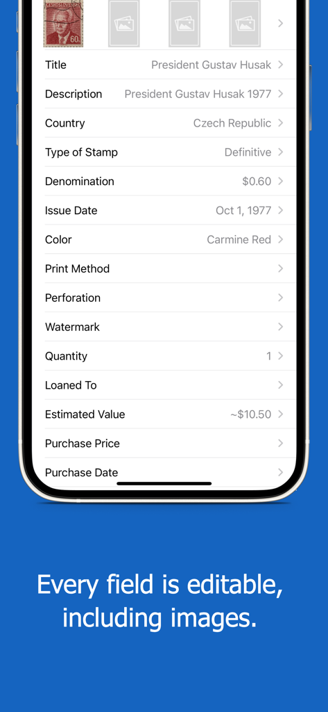 iCollect Stamps: Scanner List - A mobile app screen showing detailed editable fields and image placeholders for a stamp collection entry