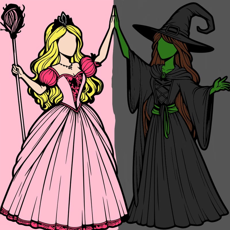 detailed realistic split of a princess and a witch