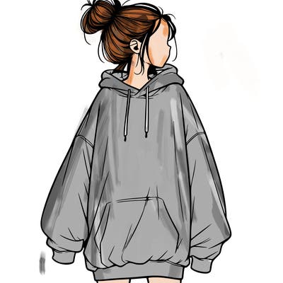 realistic girl with a oversized sweatshirt on and a bun