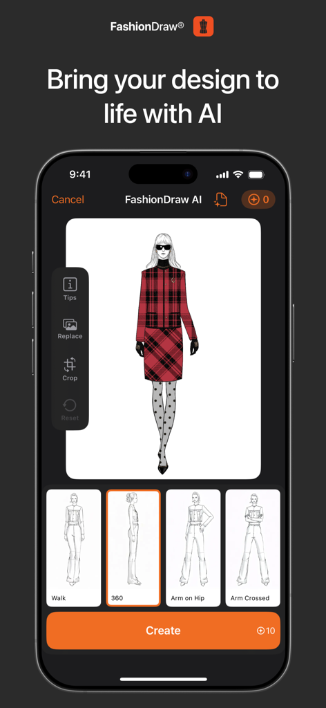 Interface of FashionDraw app showing AI powered animation options for a fashion sketch including 360 view and walk