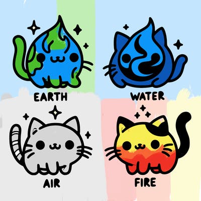 4 cats that represent the different elements, earth, water, air, and fire