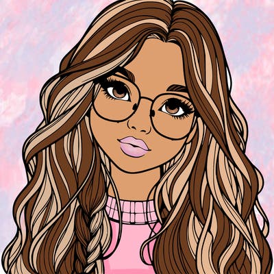 girl with long hair and freckles and glasses realistic