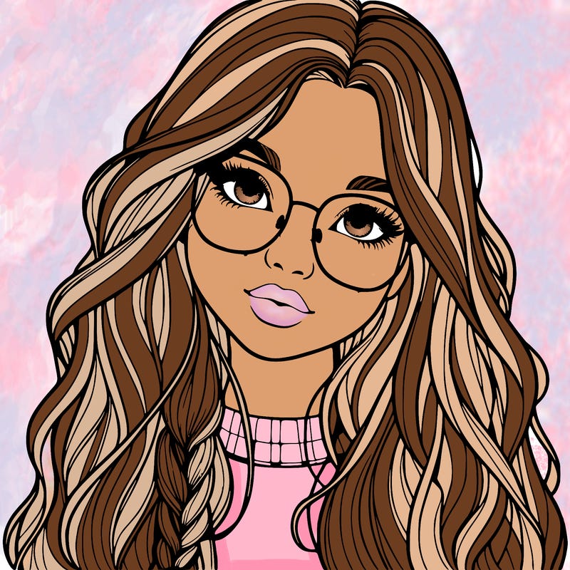 girl with long hair and freckles and glasses realistic