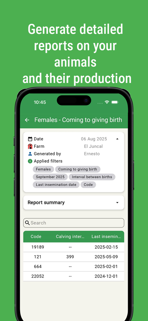 Control Ganadero - Control Ganadero mobile App zeigt einen detaillierten Bericht über Geburten und Produktion von Vieh