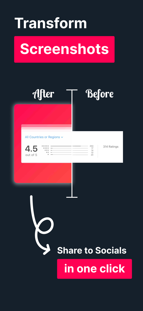 Screenshot Editor - SnapIt - Uma comparação mostrando uma captura de tela bruta antes e depois de ser editada com um fundo gradiente rosa profissional e cantos arredondados para compartilhamento em redes sociais.