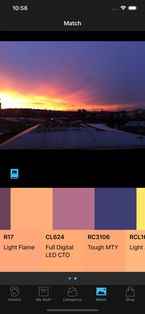 A screen from the ShowTool Swatch app matching colors from a sunset photo to specific lighting gels like Light Flame and Tough MTY