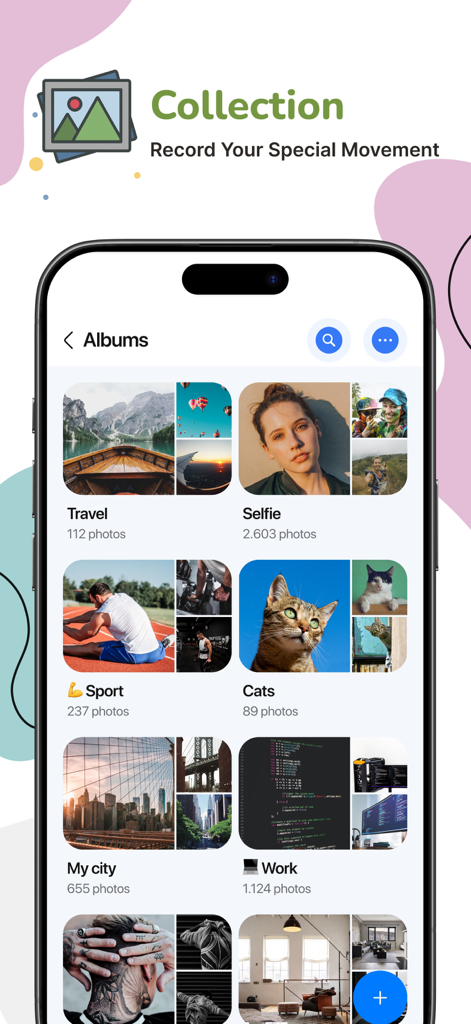 Organized photo albums in the Gallery Photo Vault app interface showing categories like Travel, Selfie, and Sport.