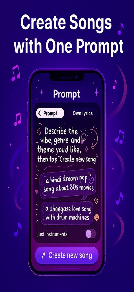 AI Music Generator: Lyric - Tela de um smartphone mostrando a interface de criação de músicas de IA onde os usuários podem inserir prompts de texto para gerar música.