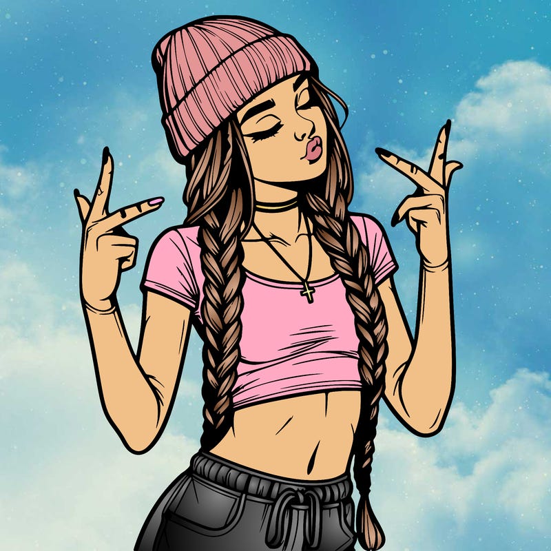 realistic teenage girl with braids and a beanie and crop top doing 🫶🏼