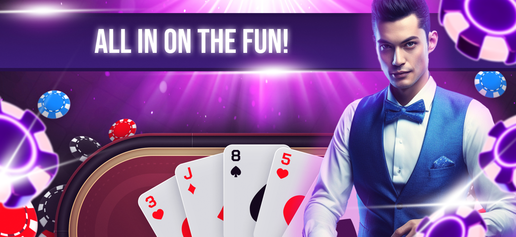 Poker Game: Texas Hold'em - プロのディーラーがトランプと浮遊するポーカーチップの隣に立っており、「All In On The Fun」というスローガンが表示されています